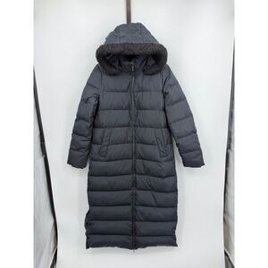 Lands' End Long Down Puffer Coat Women M Black Faux Fur Trim Hooded Parka